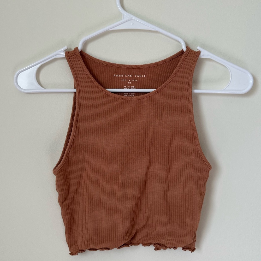American Eagle Brown Ribbed Soft & Sexy Cropped Tank | XS